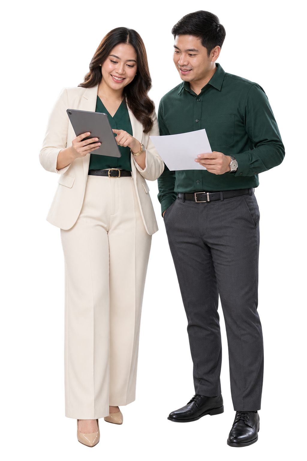 Two Filipino employer representatives reviewing hiring information together
